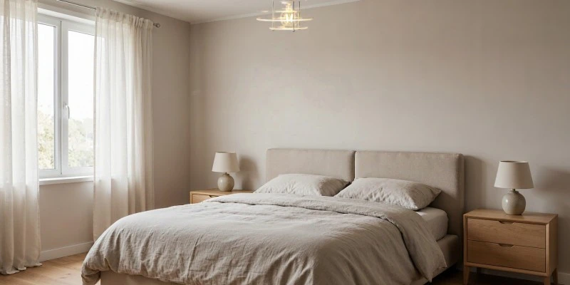 Tiered chandelier beside a linen bed Tiered chandelier beside a linen bed