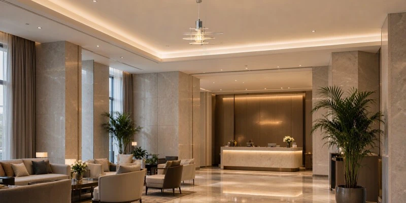 Tiered chandelier at a hotel reception desk Tiered chandelier at a hotel reception desk